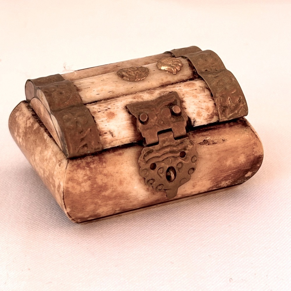 Vintage Indian Carved Bone & Brass Hinged
Trinket Box